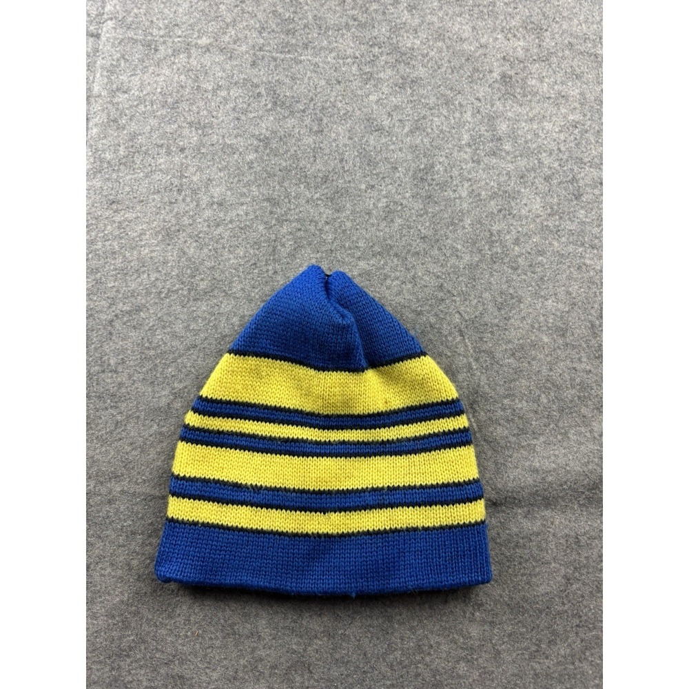 Smiley VTG Stocking Cap Beanie Winter Striped Blue/Yellow 100% Pure Wool Hat